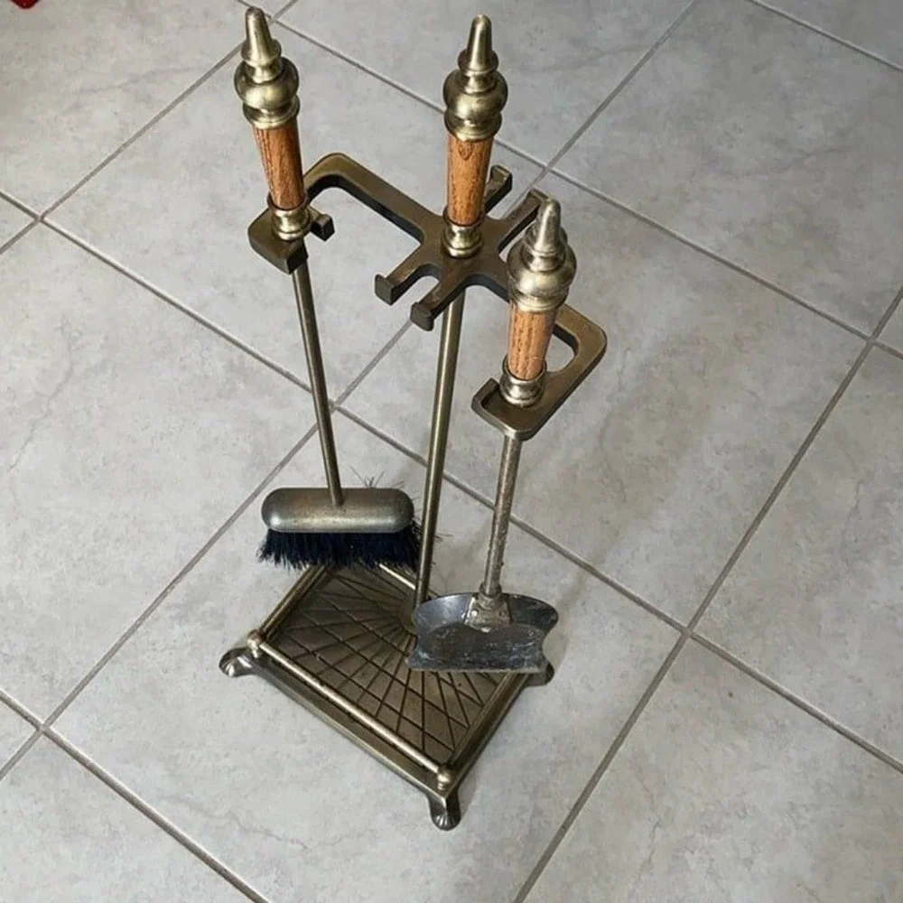 Gorgeous Vintage 3-Piece FIREPLACE TOOL Set Shovel, Base, and Brush
